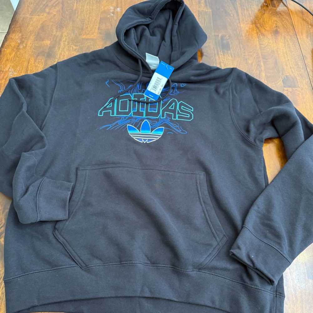 Adidas Originals Mens Trefoil Graphic Hoodie Black Blue Teal Pullover L‎ HI2974 - Picture 6 of 10